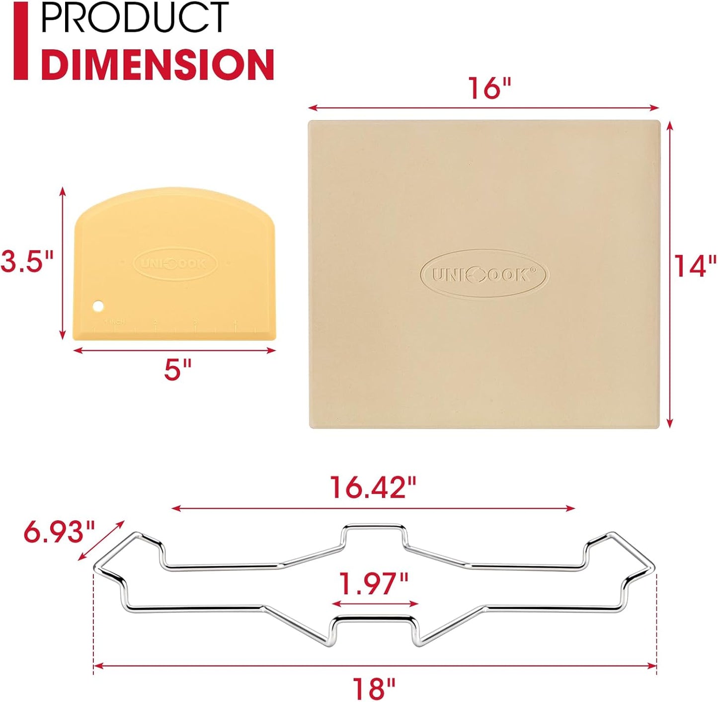 Unicook Pizza Stone for Oven and Grill, 16 x 14 Inch Rectangular Baking Stone for Bread, Cordierite Pizza Pan for Baking Crispy Bread and Cookies, Includes Carry Rack and Dough Scraper