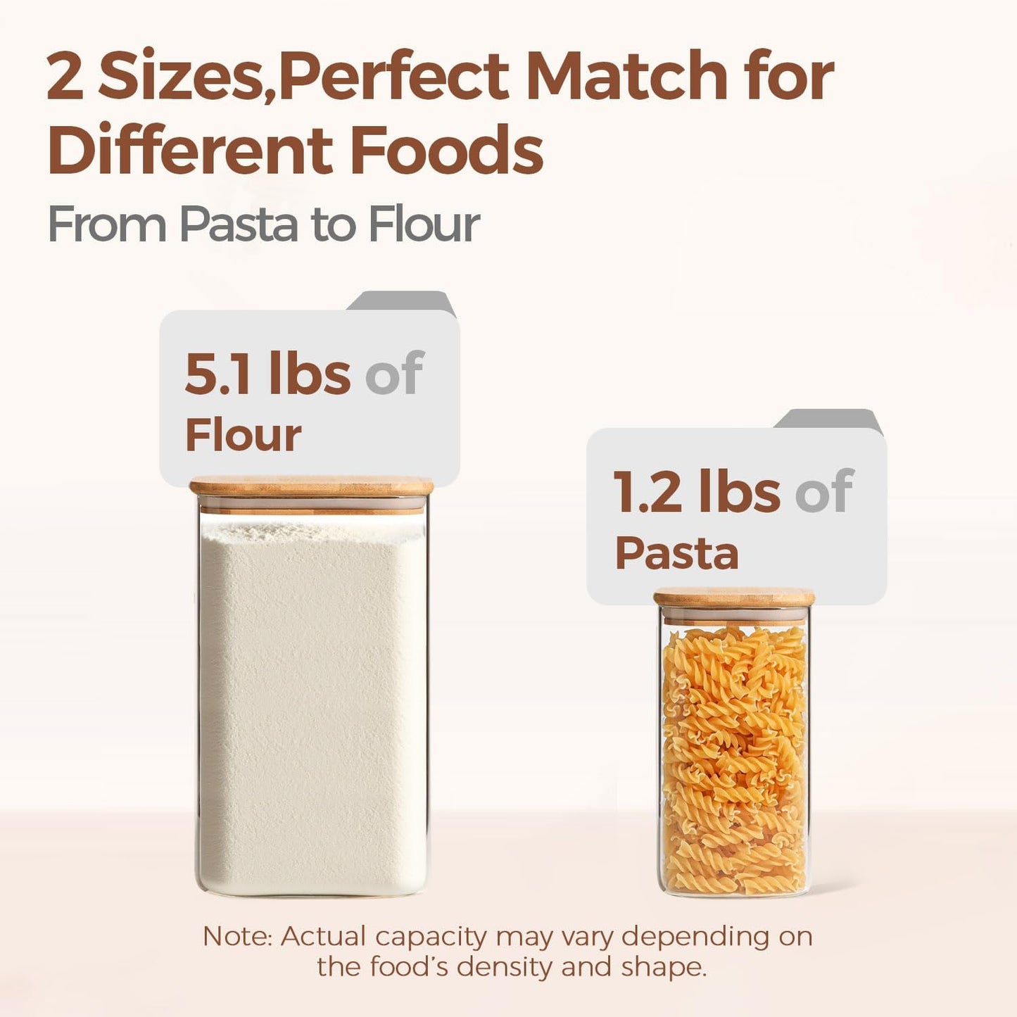 ComSaf Glass Pantry Storage Containers, 4.6Qt/1.6Qt Large Square Flour and Sugar Containers with Airtight Lids, 1.2 Gallon Glass Jars with Bamboo Lids for Rice, Pasta, Cookies, Coffee Beans