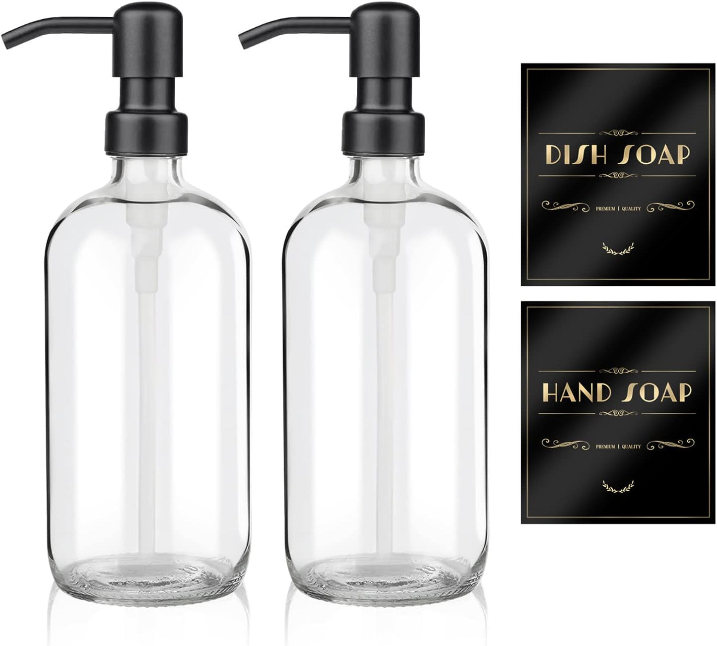 ARKTEK 2 Pack Refillable Glass Soap Dispenser - Rust Proof Stainless Steel Pump, 17 Oz/ 500 ML, Black