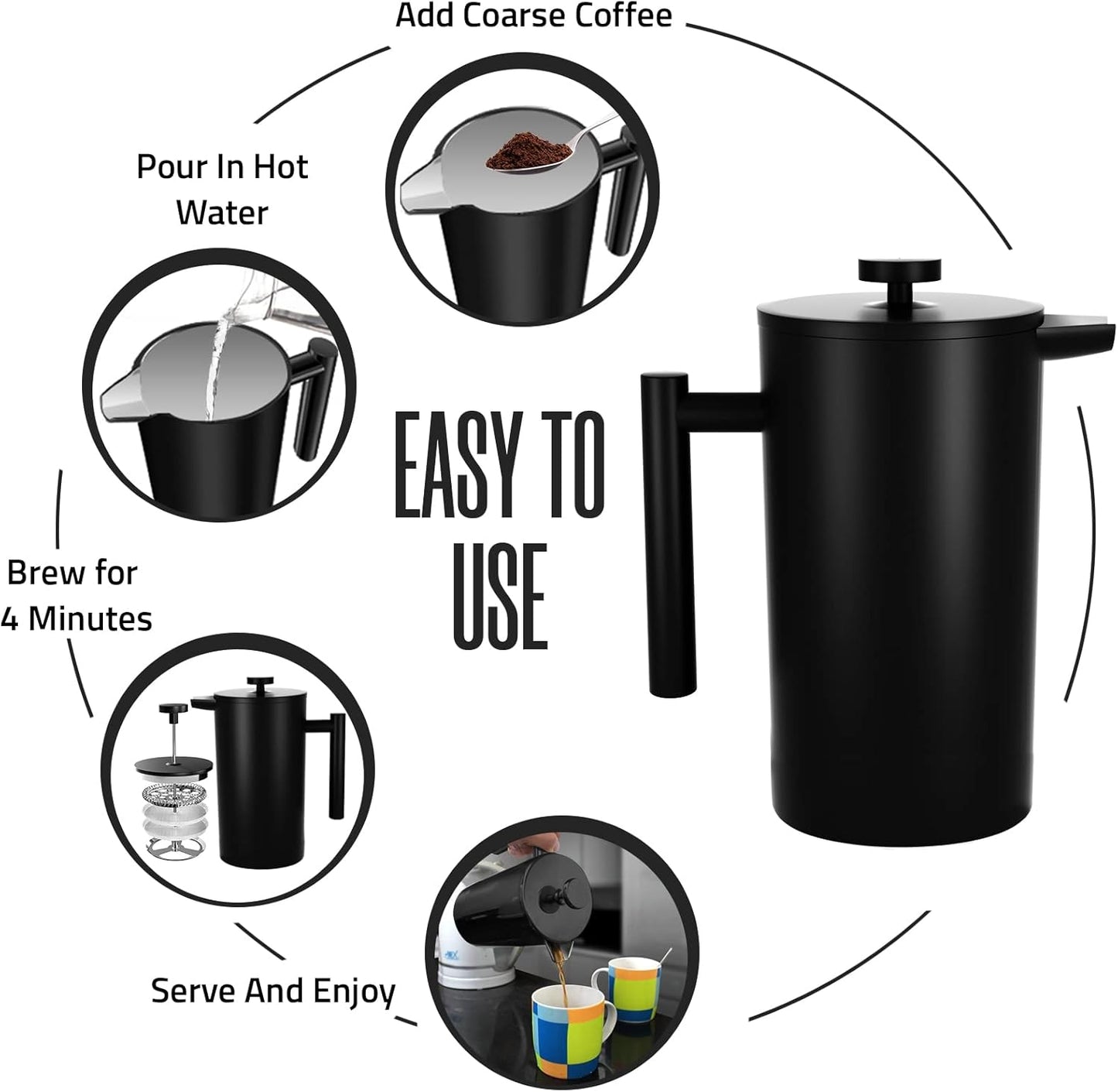 Utopia Kitchen French Press Coffee Maker, Double Wall Insulated Stainless Steel Coffee Press with 4-Level Filtration system, Includes 2 Extra Filters, Rust-Free, Dishwasher Safe (Black, 17 Ounce)