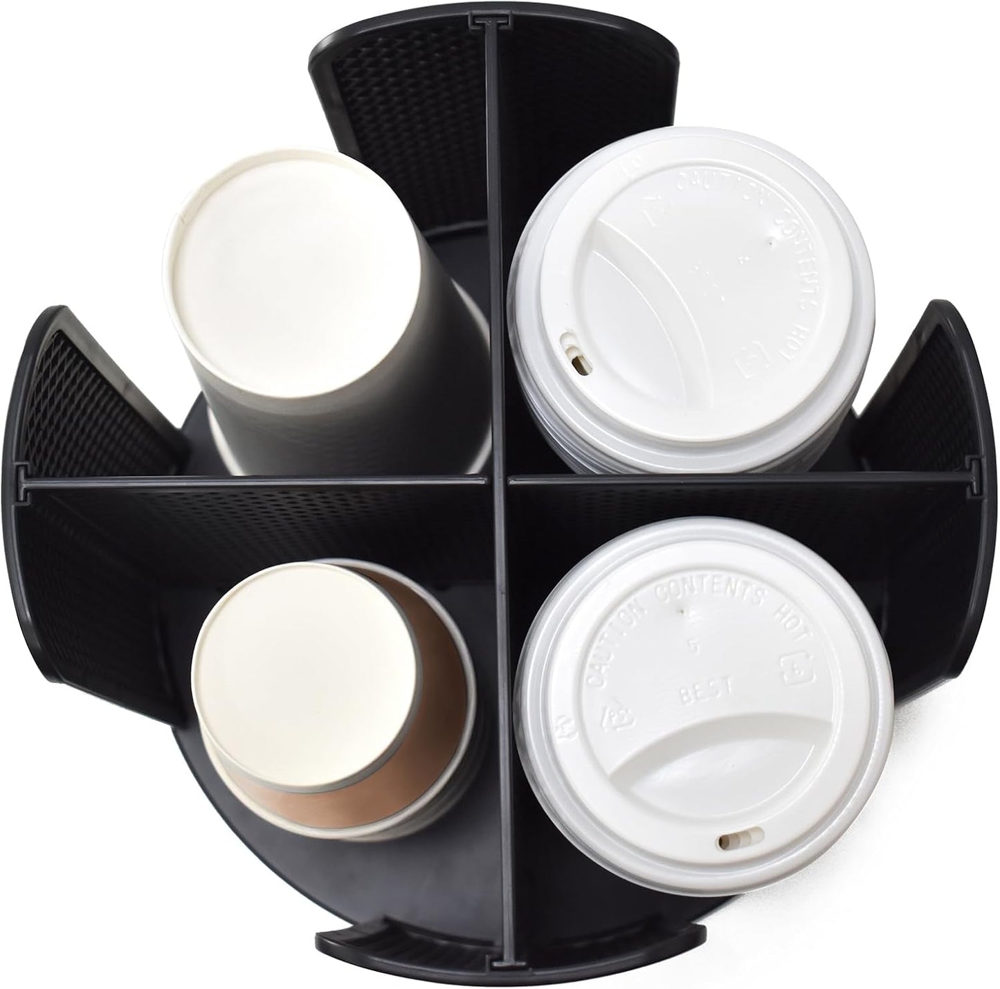Cup and Lid Organizer, 360° Rotatable Coffee Cup Holder for Disposable Plastic and Paper Cups of 5 to 16 oz, 4 Compartments Detachable Countertop Cup Dispenser Coffee Station, Black