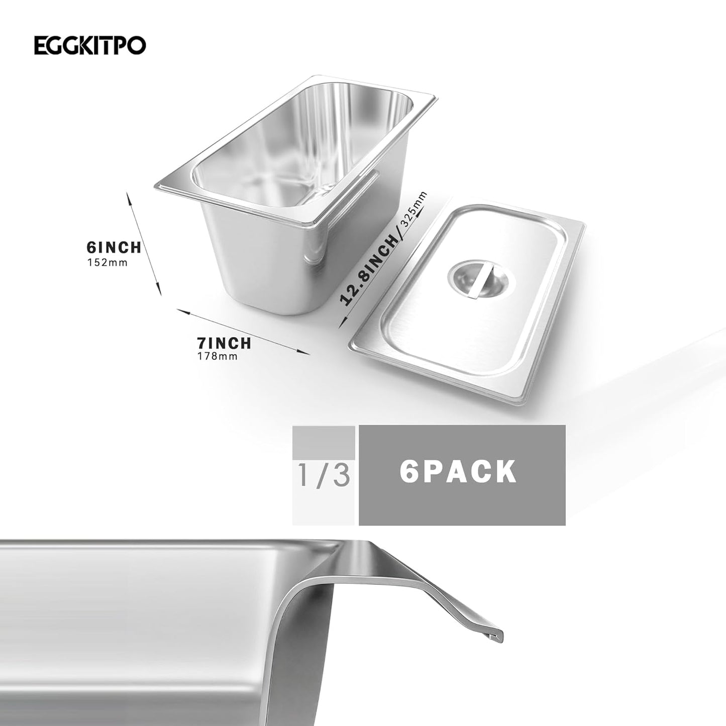 1/3 Size Steam Table Pan with Lid 6 Inch Deep Hotel Pan Commercial Stainless Steel Food Pan with Cover 6 Pack Chafing Pans for Buffet Party and Restaurant Supplies