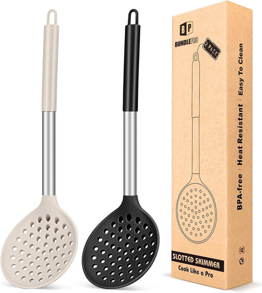 Kitchen Ladle Strainer Set of 2 Large Slotted Spoon with High Heat Resistant BPA Free Non Stick Cooking Skimmers For Draining and Frying (Black-Khaki)