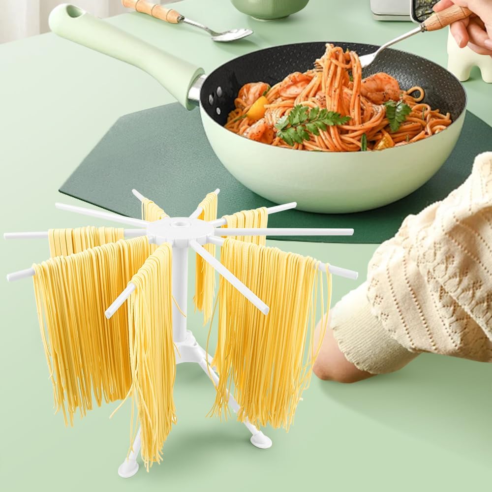 KEOUKE Collapsible Pasta Drying Rack - Foldable 10-Rod Pasta Dryer, Compact & Sturdy Design for Homemade Spaghetti Noodles, Easy Storage, Plastic