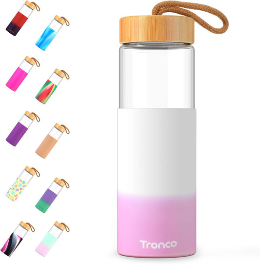 Tronco 24oz Glass Water Bottles with Bamboo Lid & Silicone Sleeve, Leak Proof, BPA Free, Reusable Borosilicate Glass Bottles for Juicing, Smoothies, Juice & Water, for Men & Women Gym, Office, Travel