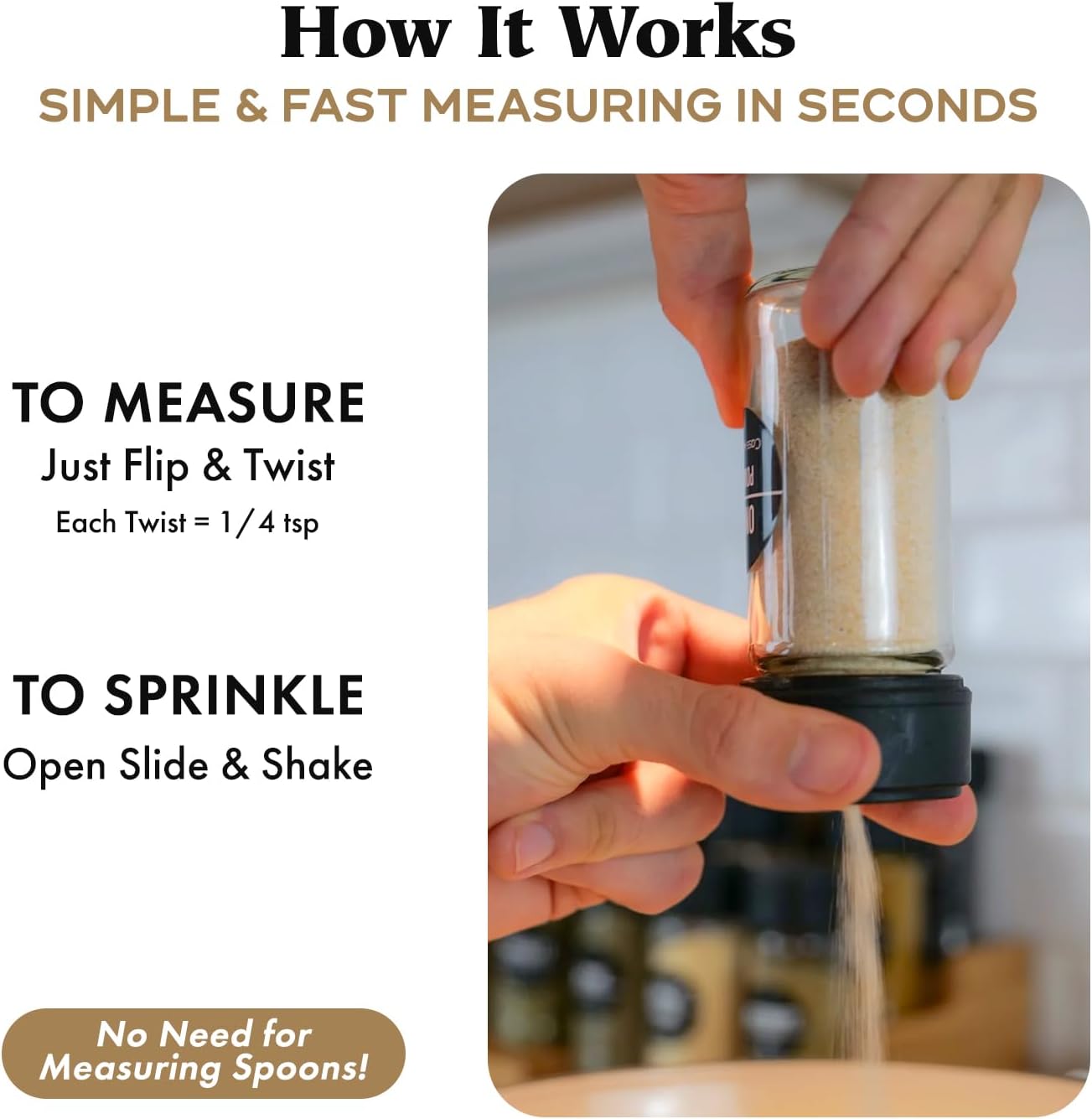 Glass Spice Jars & Measuring Cap Set - Twist to Dispense 1/4 Tsp Per Turn for Precise Cooking - Spice Jars with Lids Keep Kitchen Organized & Tidy - Enjoy Round Spice Jar Without Mess- 6 Pack