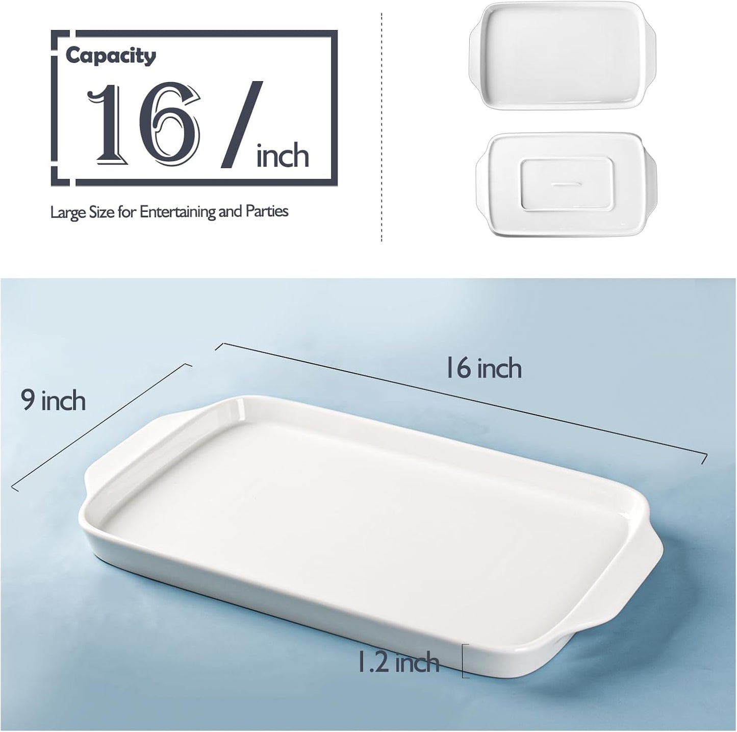 Dizada Large Serving Platter with Handles, 16" x 9" Porcelain Serving Tray, White Rectangular Platters for Entertaining & Serving Food, Serving Trays for Party, Appetizer, Charcuterie - Set of 3