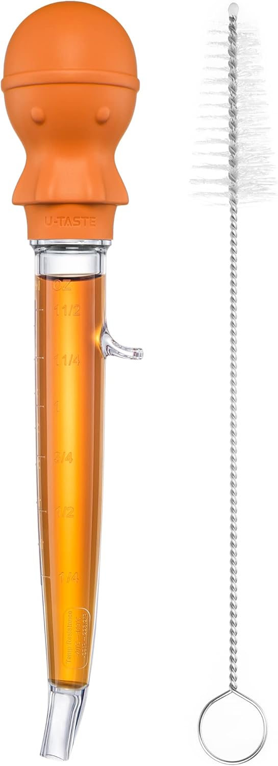 U-Taste 1.5oz Angled Turkey Baster - 228.2ºF Heat Resistant Food Grade Tritan and Silicone Large Octopus Bulb Baster Set with Cleaning Brush for Cooking Basting Meat Poultry Beef Chicken (Orange)