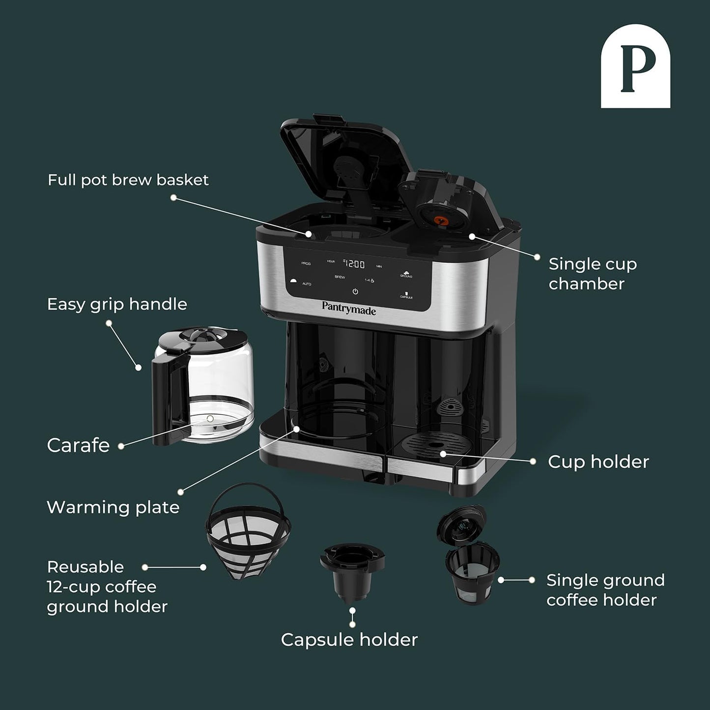 Deluxe 12-Cup Coffee Maker & Single Serve Brewer – Programmable, K-Cup Compatible, Adjustable Brew Size, Glass Carafe, Auto Shut-Off - Ideal for Home or Office