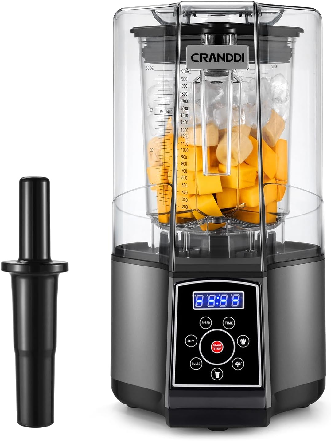 CRANDDI Smart Commercial Blender Digital Touch Screen with Removable Cover, 80oz Capacity, 3 Pre-Set Program with Smoothie, Juice, Cleaning and More, 1500W, 120V, K85TS (Grey)