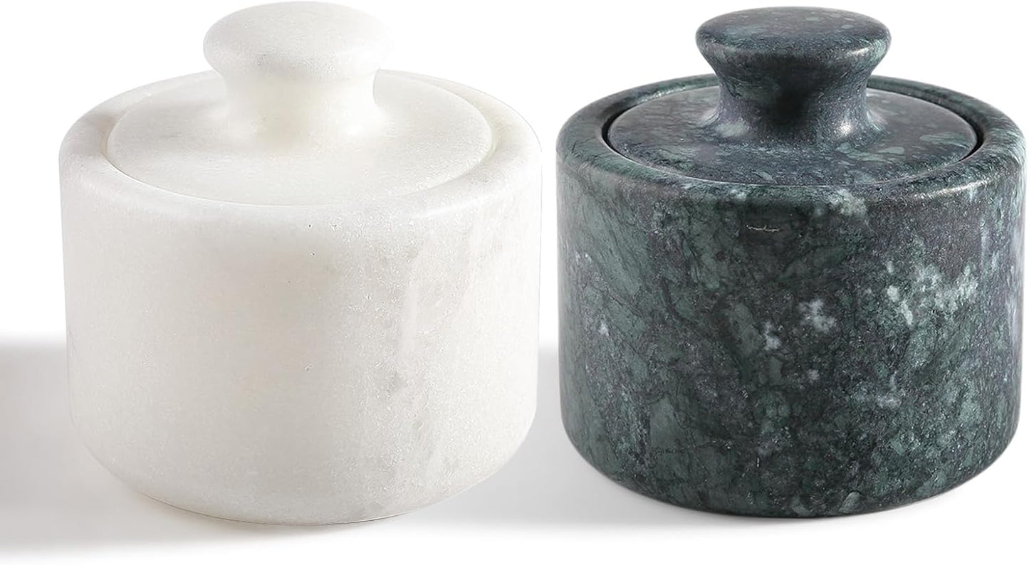 Koville Marble Salt Cellar White and Green Salt Holder with Lid for Kitchen Table Décor, Elegant Modern Handcrafted Seasoning Container for Countertop, Salt and Pepper Holder & Coffee Beans Storage