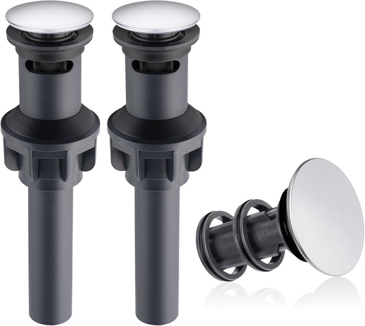 Hibbent 2 Pack Universal Bathroom Sink Drain Stopper, Pop Up Drain Strainer with Overflow, Push and Seal Sink Plug with Basket for Lavatory Vanity Vessel, Anti-Clogging Strainer, Chrome