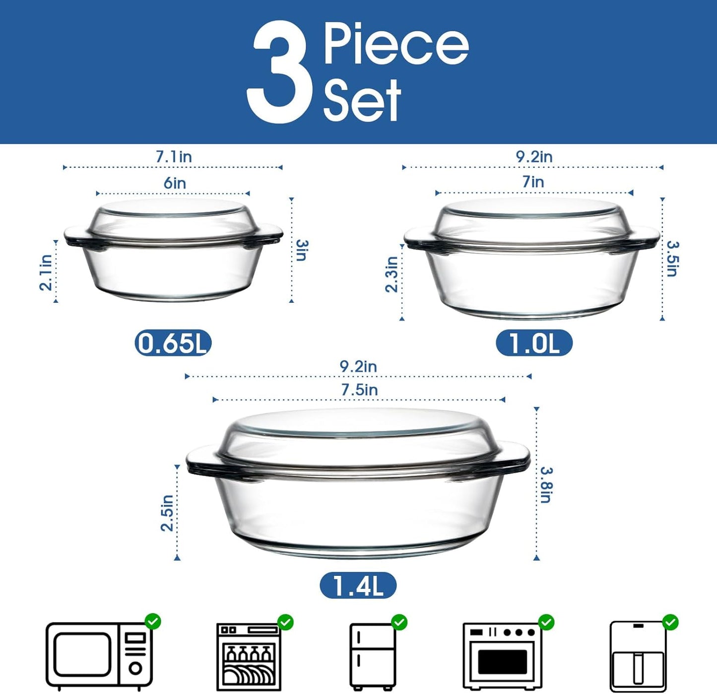 ZYER Round Glass Casserole Dish Set, 3 Sizes (0.65L, 1L, 1.4L) with Glass Lids