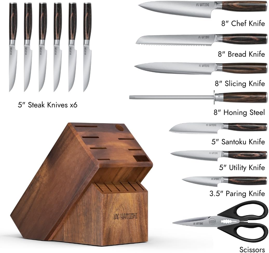 Yatoshi 15 Piece Knife Block Set - Pro Kitchen Knife Set Ultra Sharp High Carbon Stainless Steel with Ergonomic Handle