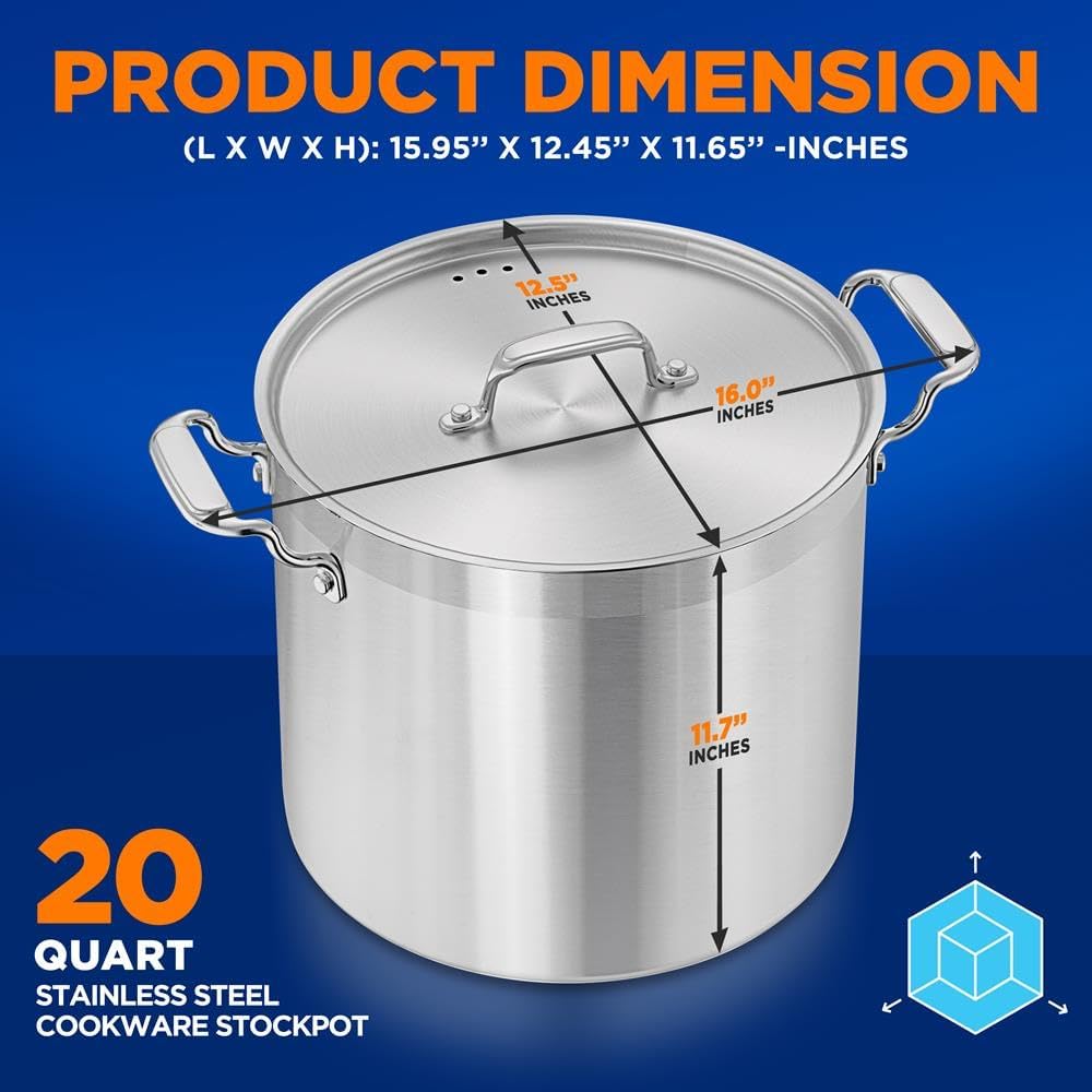 NutriChef 20 Quart Heavy-Duty Stockpot with Stainless Lid - Large Pot for Induction, Gas & Electric Cooktops, Perfect for Soups & Stews