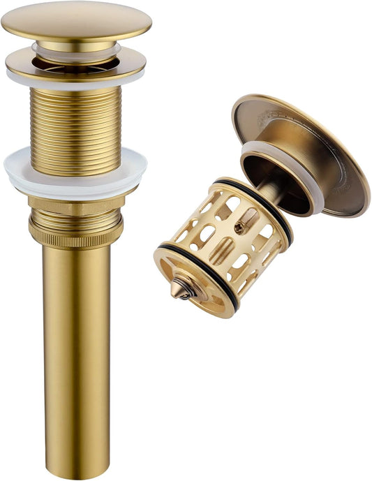 Bathroom Sink Pop Up Drain Without Overflow, Vessel Sink Drain with Detachable Filter Basket, Anti-Corrosion and Anti-Clogging Sink Pop Up Drain Stopper (Brushed Gold)