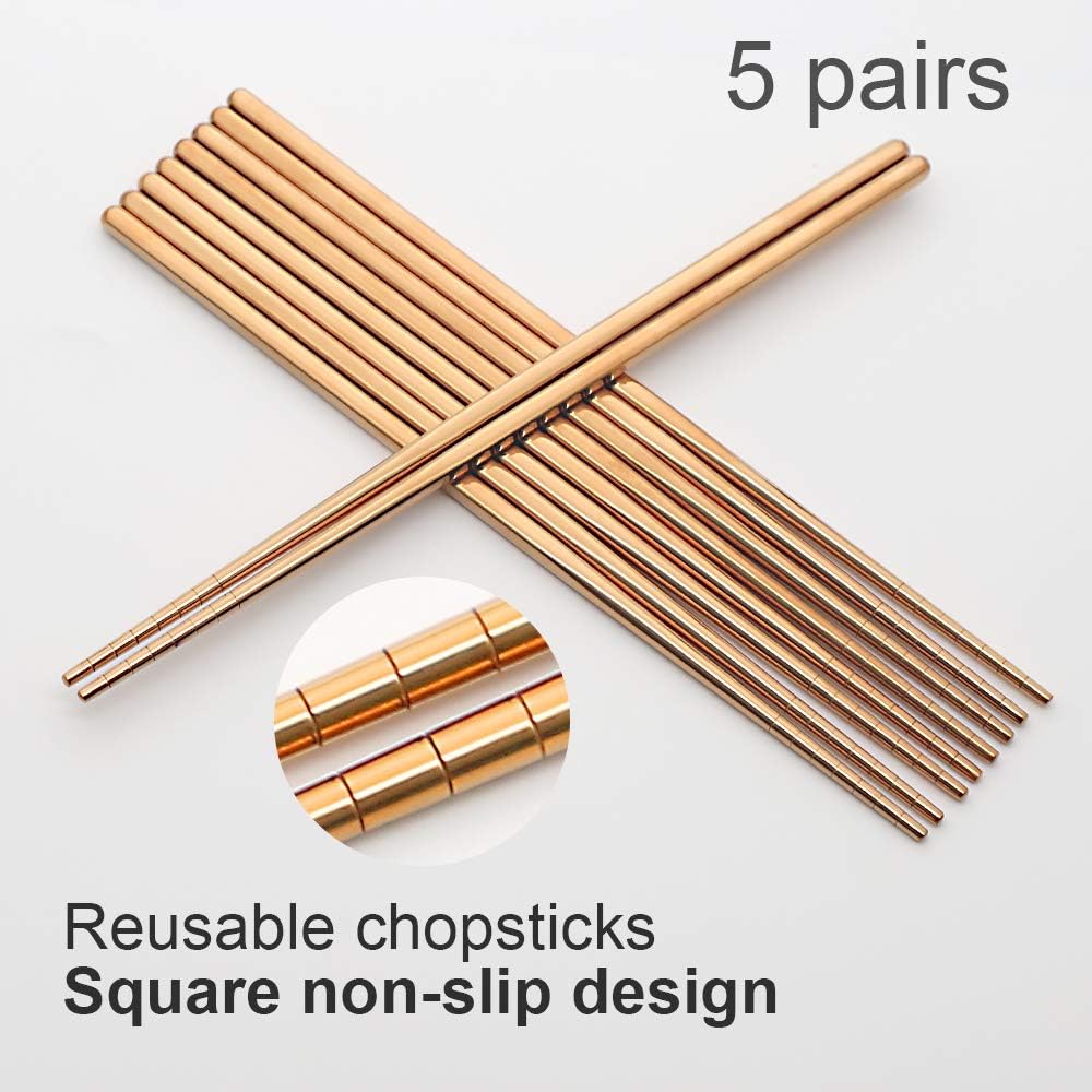 Stainless Steel Chopsticks Reusable Multicolor Lightweight 304 Metal Chopsticks Dishwasher Safe - 5 Pairs (Rose Gold)
