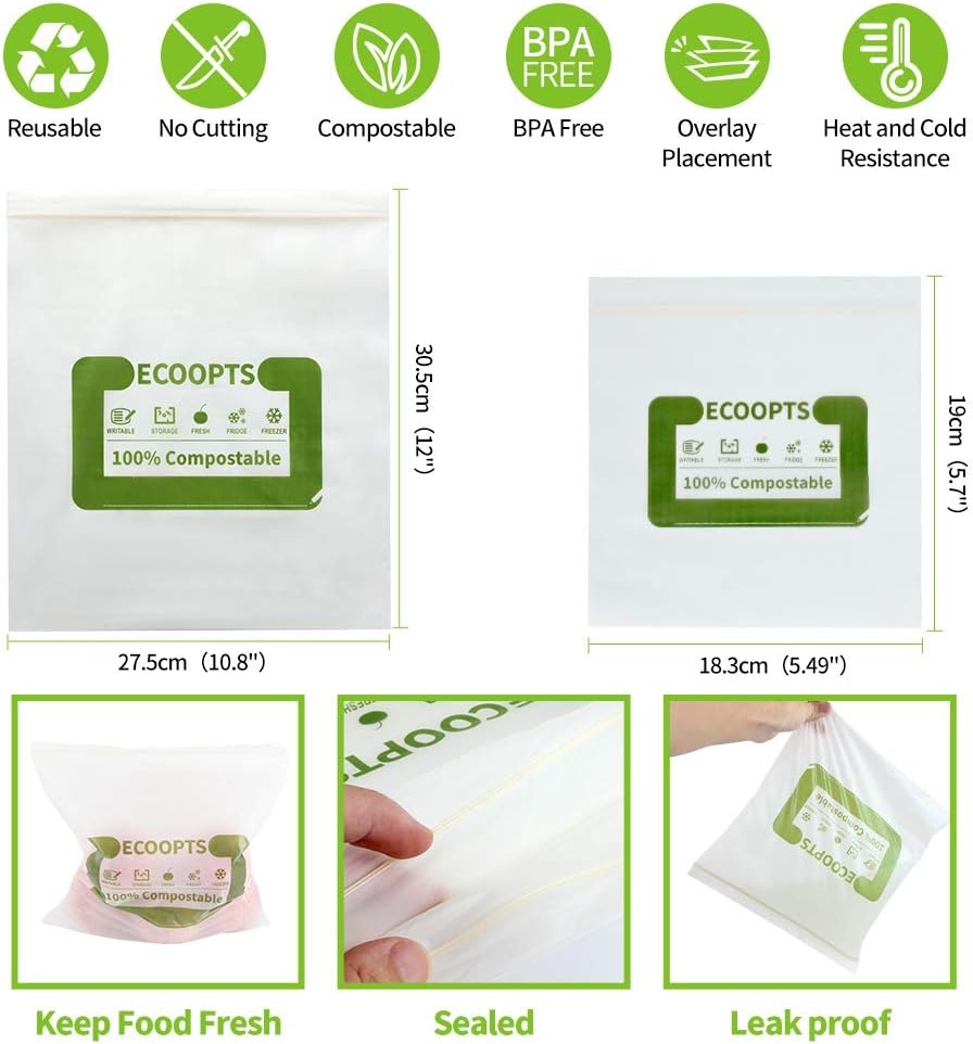 100% Compostable Sandwich Zip Bag | ECO-Friendly Food Storage Bags | Freezer Bag | Plant-Based BPA-free | Seal well for Fruit,Food and Snack (1, Medium)