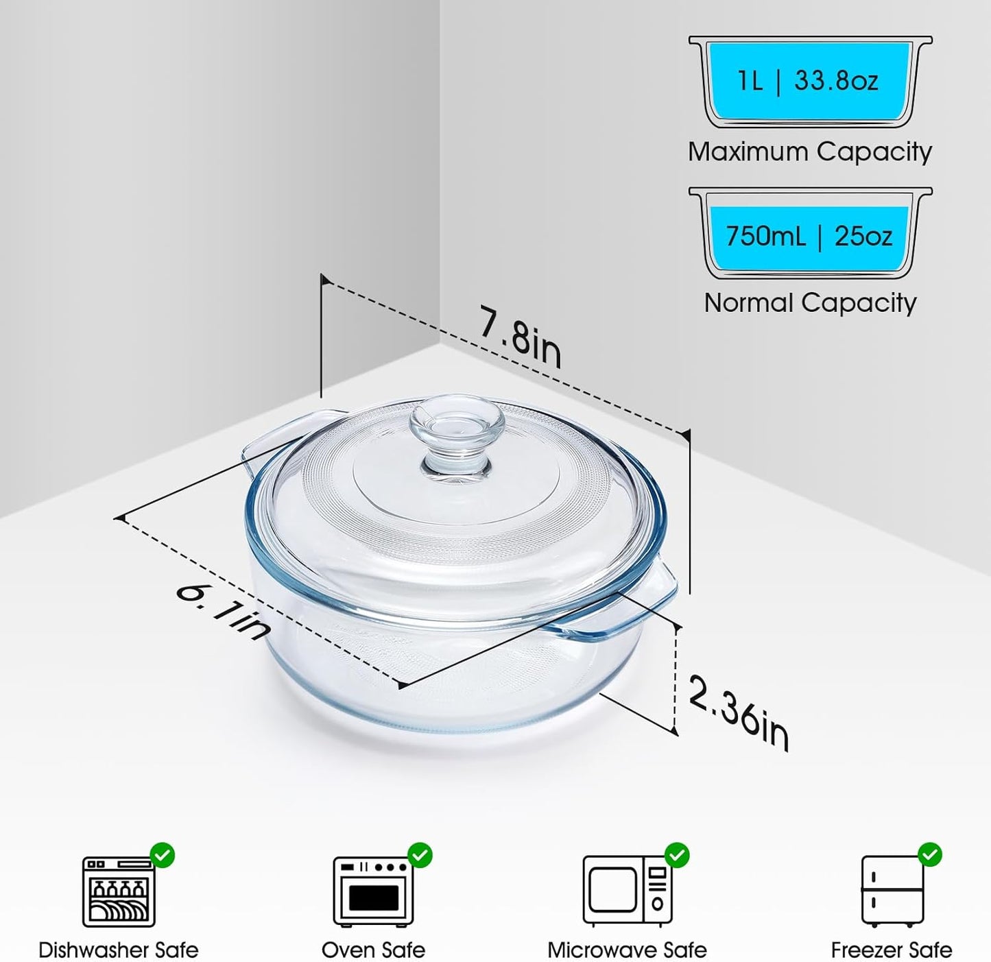 NUTRIUPS Mini Glass Casserole Dish with Lid Oven Safe Round Casserole Dish 6" Glass Baking Dish With Lid (25oz)