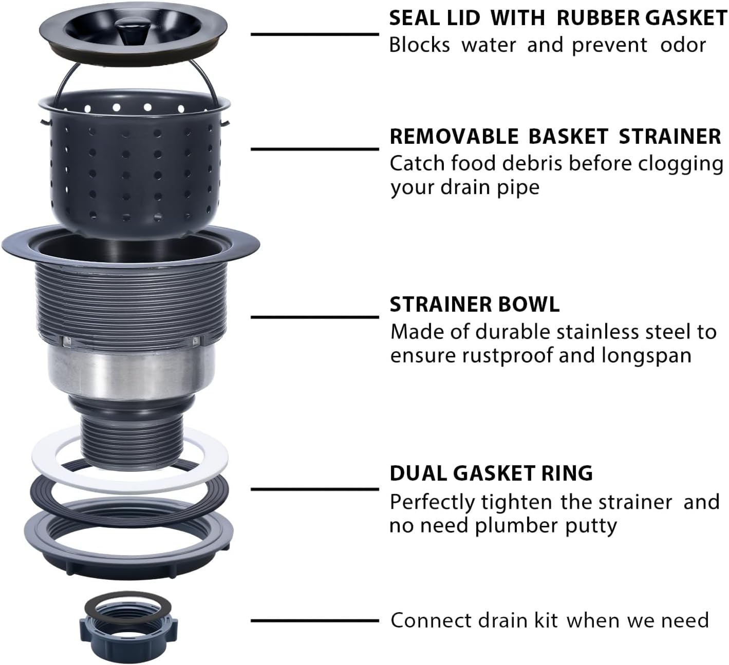 Kitchen Sink Drain 3-1/2 Inch Black Sink Drain Assembly Kit, Removable Deep Sink Strainer Basket with Sink Stopper/Sealing Lid for Home, Kitchen, Stainless Steel