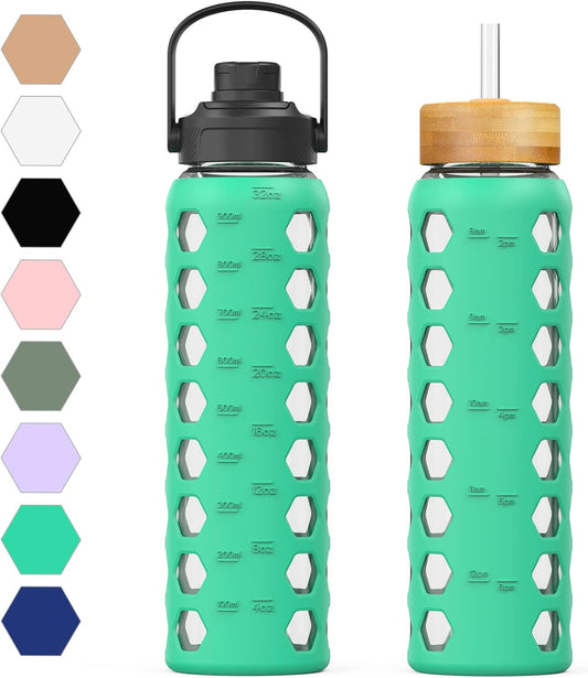 MUKOKO 32oz Glass Water Bottles with 2 Lids-Handle Spout Lid&Bamboo Straw Lid, Motivational Water Tumbler with Time Marker Reminder and Silicone Sleeve, Leakproof-Green-1 Pack