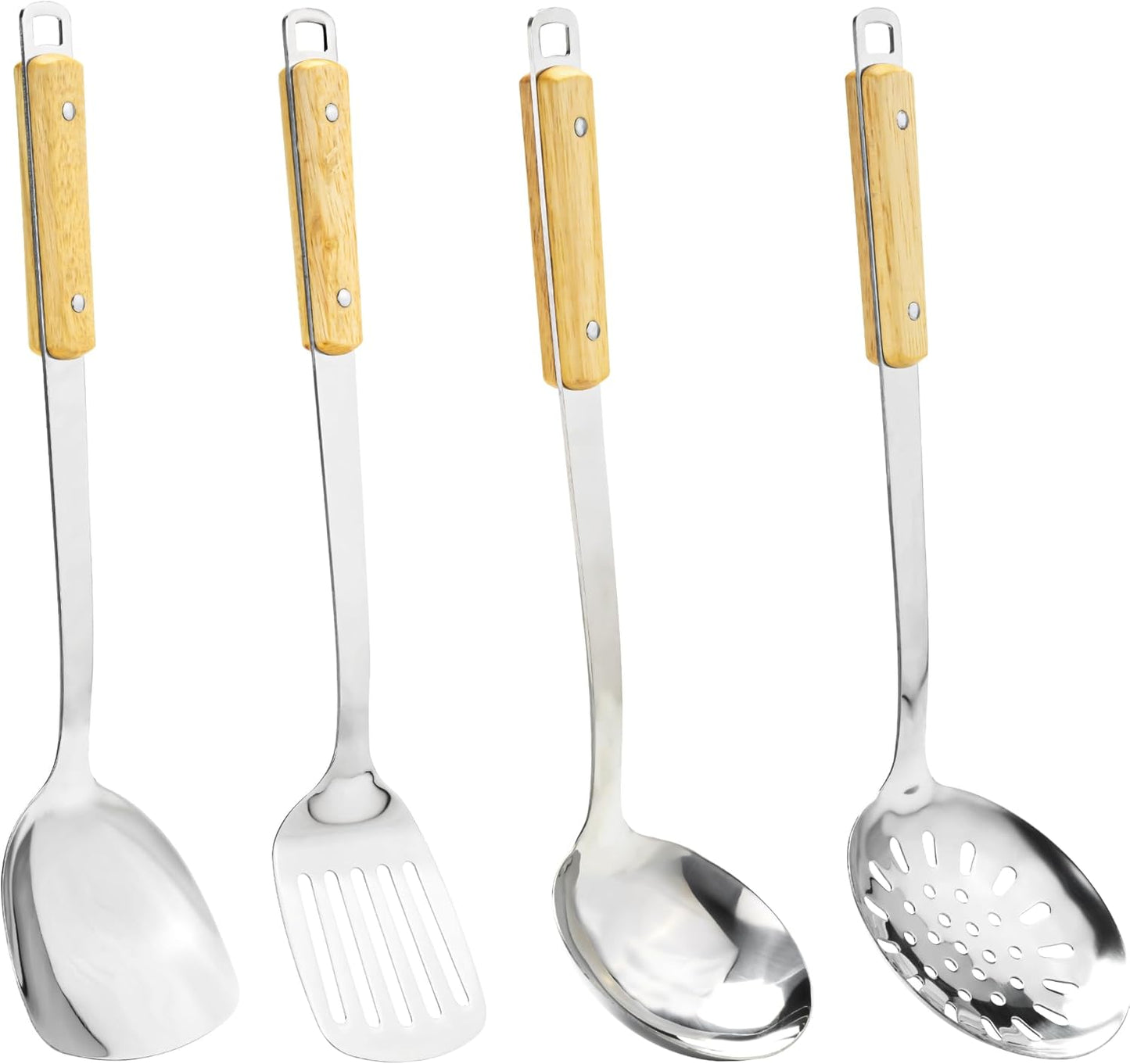 FJNATINH Cooking Utensils - Spatula, Ladle, Skimmer Spoon, Slotted Spatula - 4 Pieces Stainless Steel Wok Utensils Set for Carbon Steel