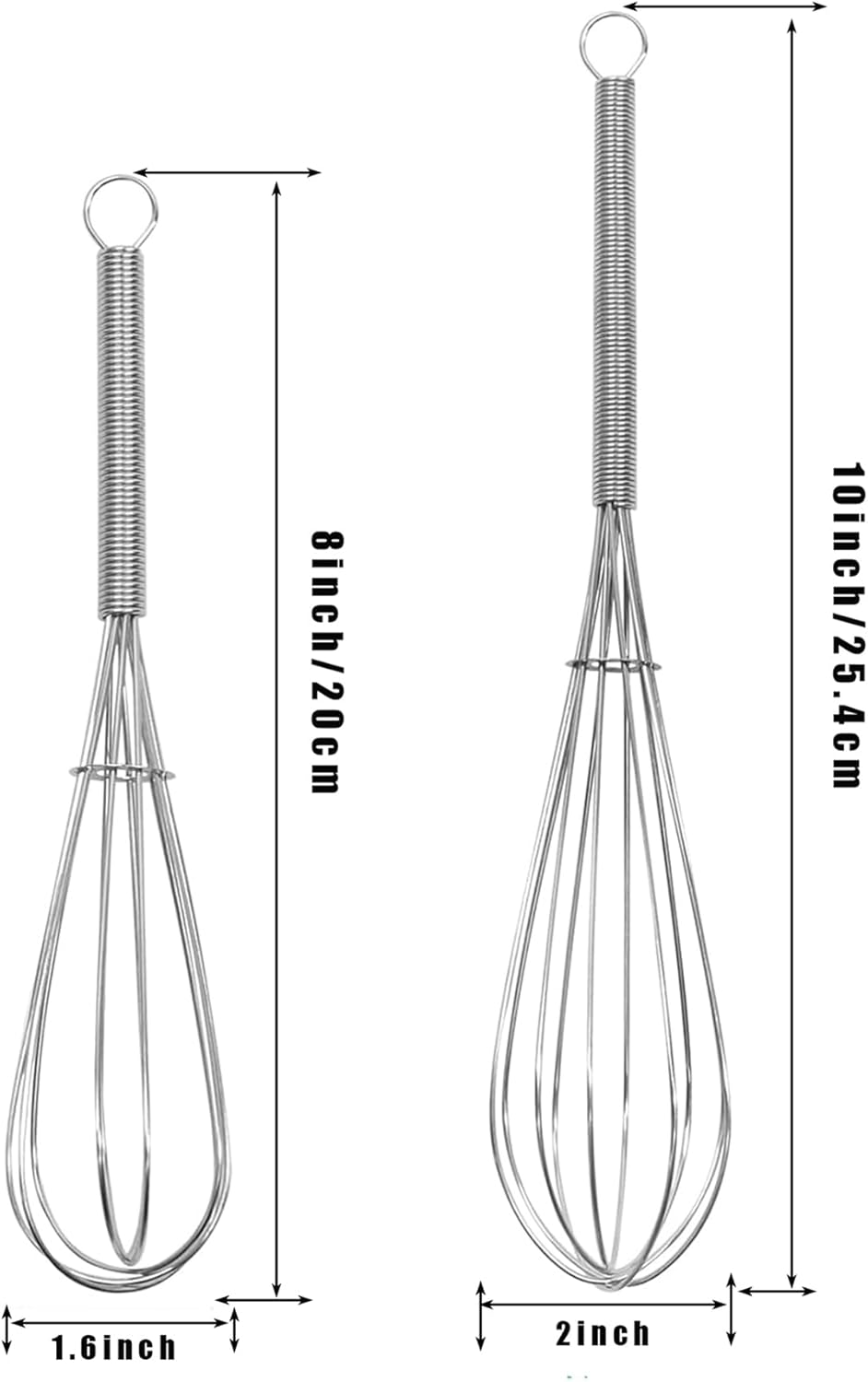 Mini Whisk 2-Pack - 8 & 10 Inch 304 Stainless-Steel Wire Whisks for Cooking, Baking, Eggs & Sauces (Heavy-Duty Ergonomic Spiral Handle, Silver)