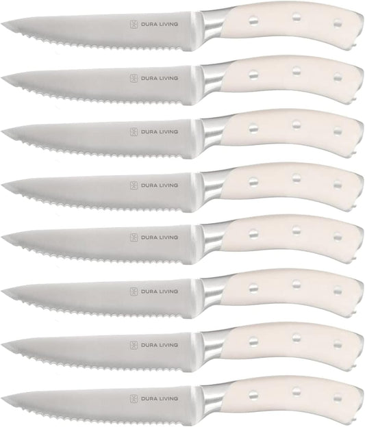 8-Piece Serrated Kitchen Steak Knife Set – Forged High Carbon Stainless Steel, Ultra Sharp, Ergonomic Black Handles, Durable Dinner Knives, Cream Handle