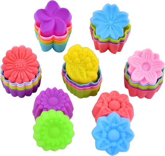 Reusable Silicone Baking Cups, 2 Inch Mini Size Silicone Cupcake Liners for baking, Multi Flower Shapes reusable Muffin Liners, Pack of 42