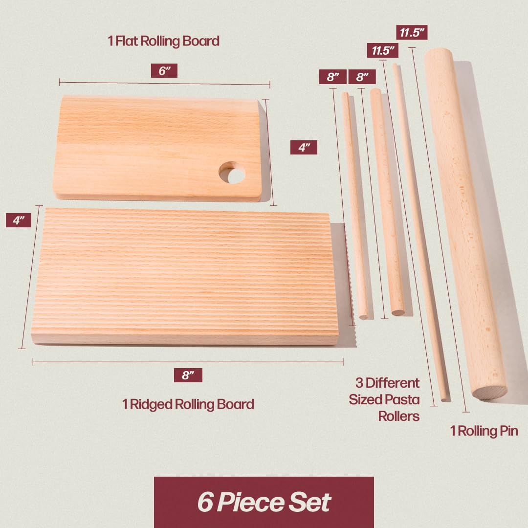 Wooden Pasta Board Set – 6-Piece Pasta Making Tools – Includes Pasta Board, Bench Scraper & 4 Rolling Pins – Make Rigatoni, Gnocchi, Garganelli, Trofie & More – Homemade Pasta Kit by Roppa