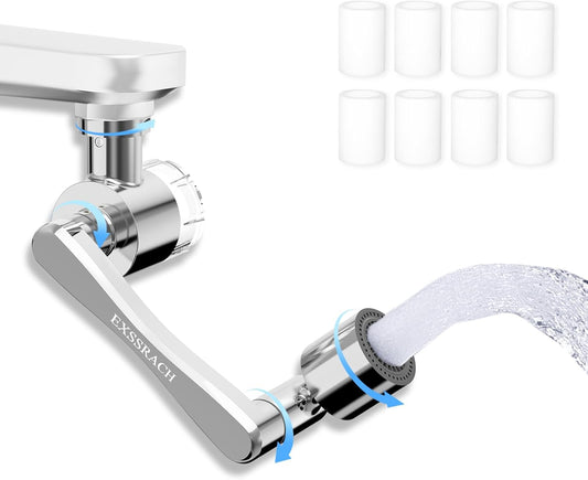 1080° Rotating Faucet Extender with Filter Cotton, Brass Multifunctional Swivel Extension Robotic Arm Sink Aerator for Kitchen/Bathroom, 2 Water Outlet Modes, Silver