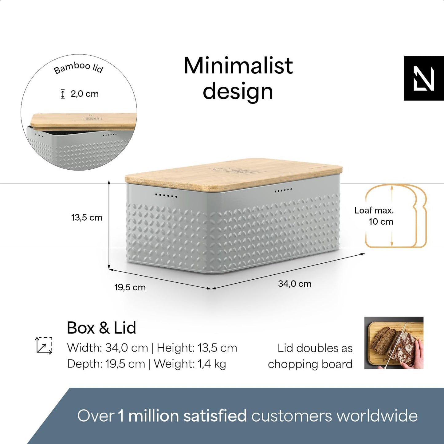 LARS NYSØM Bread Box I Metal Box with linen bag for long lasting freshness I Bread Bin with bamboo lid usable as cutting board I 13.4x7.3x5.3In (Ash Gray)