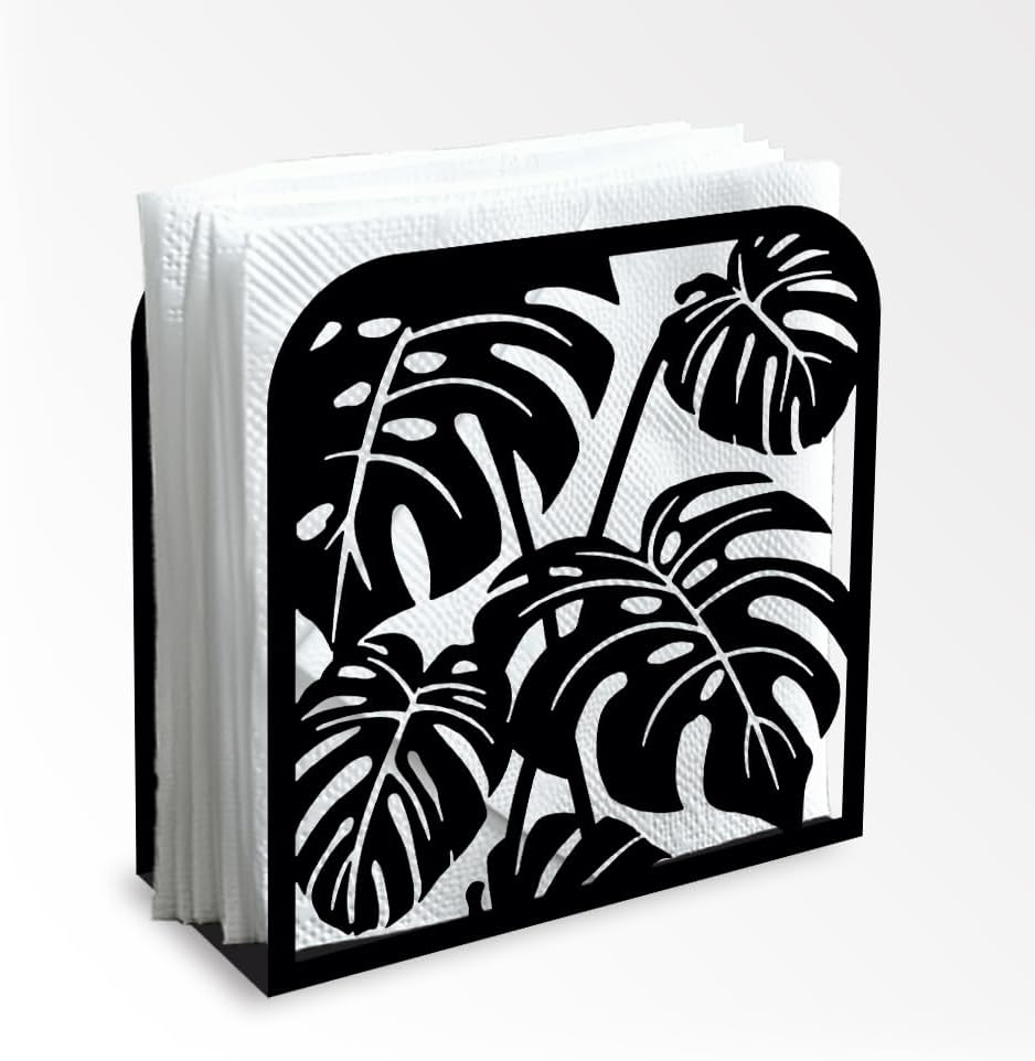 Monstera Leaf Decorative Black Metal Napkin Holder for Table, 4.9" x 4.9" x 1.9" Monstera Deliciosa Standing Napkin Holder for Home Kitchen Restaurant Picnic Party Coffee Bar Dining Room
