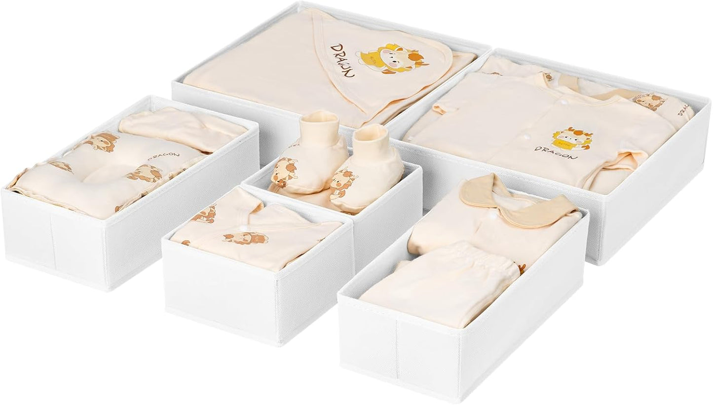 DIMJ Drawer Organizer Clothes, 6 Pack Fabric Drawer Organizer Bins, Foldable Baby Clothes Organizer & Dresser Organizer For Nursery, Clothes, Bedroom, Closet, Socks, Bra, Tie,White