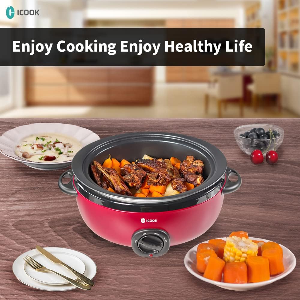 ICOOK USC-65-OP001RD 6.5 Quart Slow Cooker,Aluminium Sear/Sauté Stew Pot Stovetop safe,Dishwasher Safe,Glass Lid,Adjustable Temp,Food Warmer(Red)
