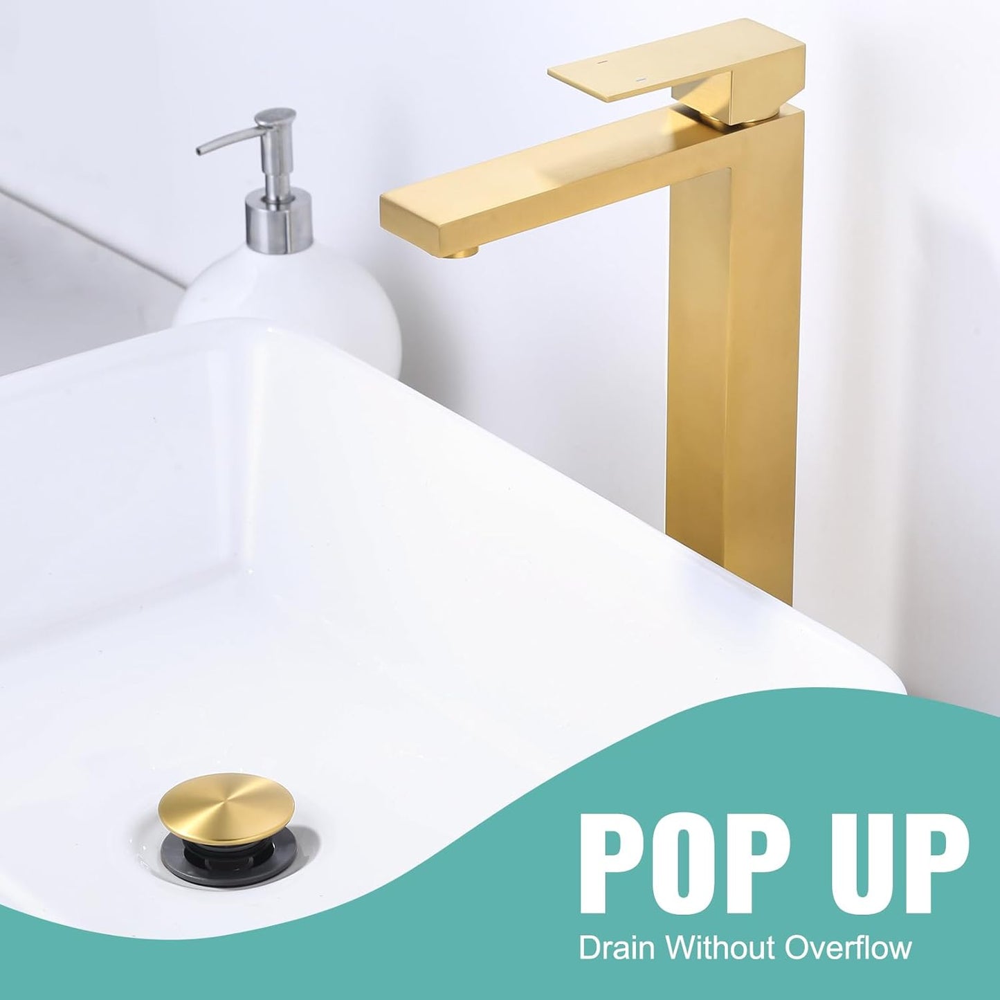 Bathroom Sink Drain Without Overflow, ARCORA Brushed Gold Pop Up Drain for Vessel Sink Clicker Drain Stopper