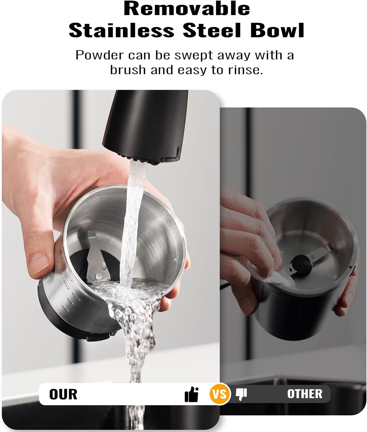 Electric Coffee Grinder with Timing Knob, Electric Quiet Grinder, High-Speed Bean and Spice Grinder with Removable Stainless Steel Bowl, Black