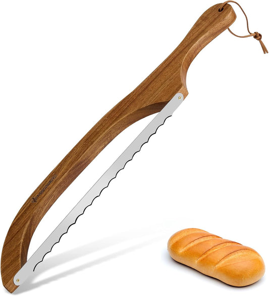 Bread Slicer Knife for Homemade Bread, Wooden Sourdough Bread Knife Cutter for Slicing, Serrated Bread Bow Knife Bread Saw Tool, Kitchen Baking Supplies (Acacia)