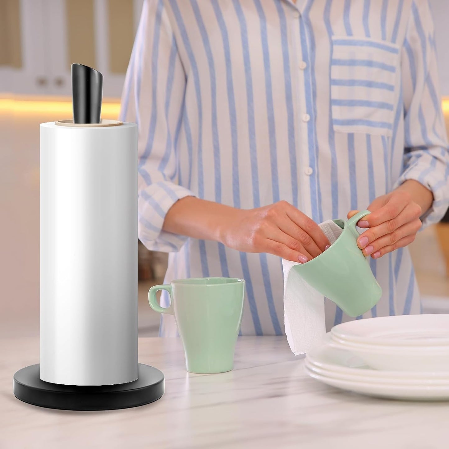 JOGREFUL Paper Towel Holder Stand, Stainless Steel Kitchen Paper Towel Countertop Stand with Streamline Body, Bathroom Organization for Family Standard Large Size Roll Paper, Black