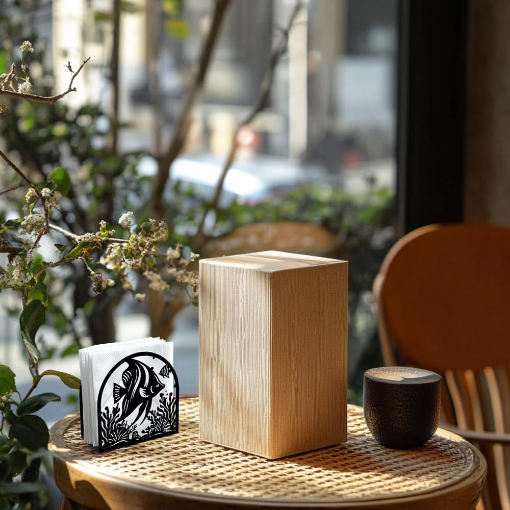 Tropical Fish Decorative Black Metal Napkin Holder for Table, 4.9" x 4.9" x 1.9" Standing Napkin Holder for Home Kitchen Restaurant Picnic Party Coffee Bar Dining Room