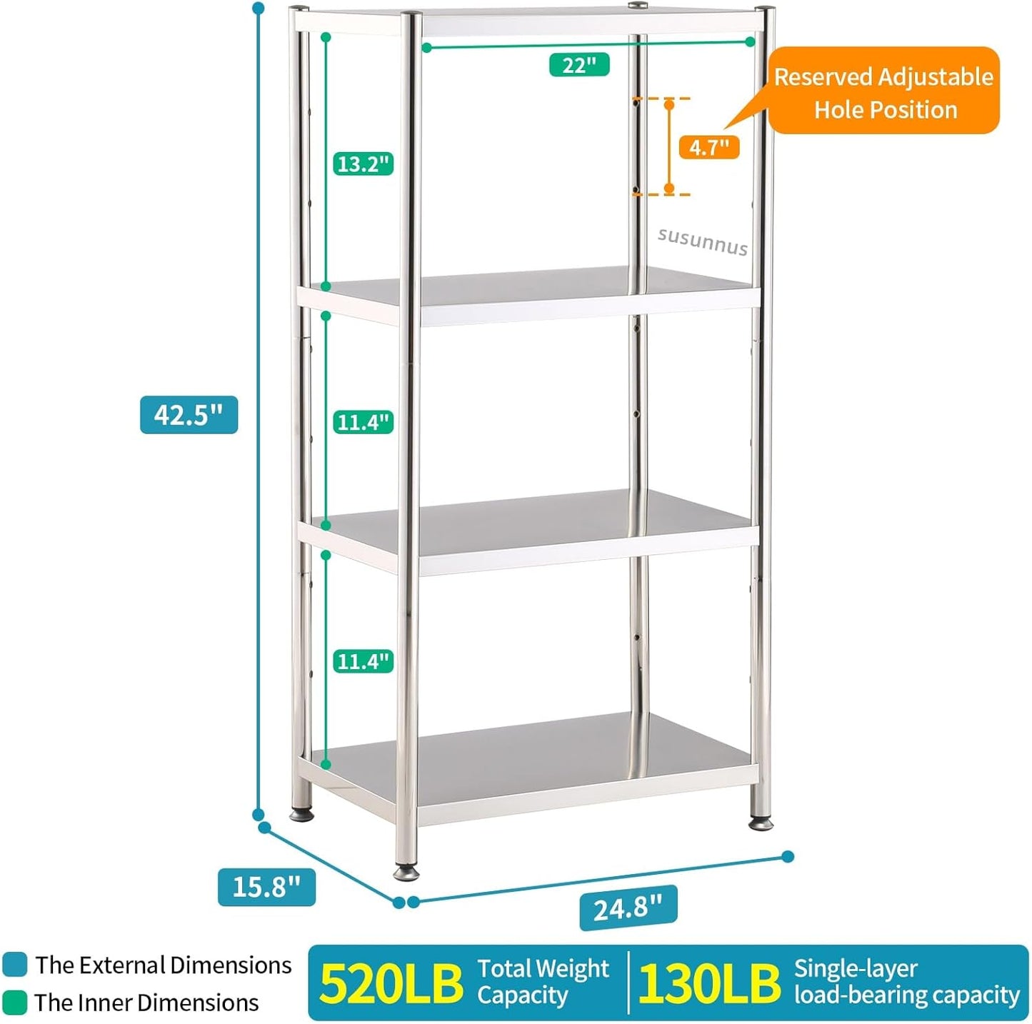 susunnus 4-Tier Stainless Steel Shelf, Heavy Duty Shelving for Kitchen, Garage, Industrial Storage, Kitchen Shelves Adjustable Feet, Easy to Clean(24.8in*15,8in Without Guardrails)