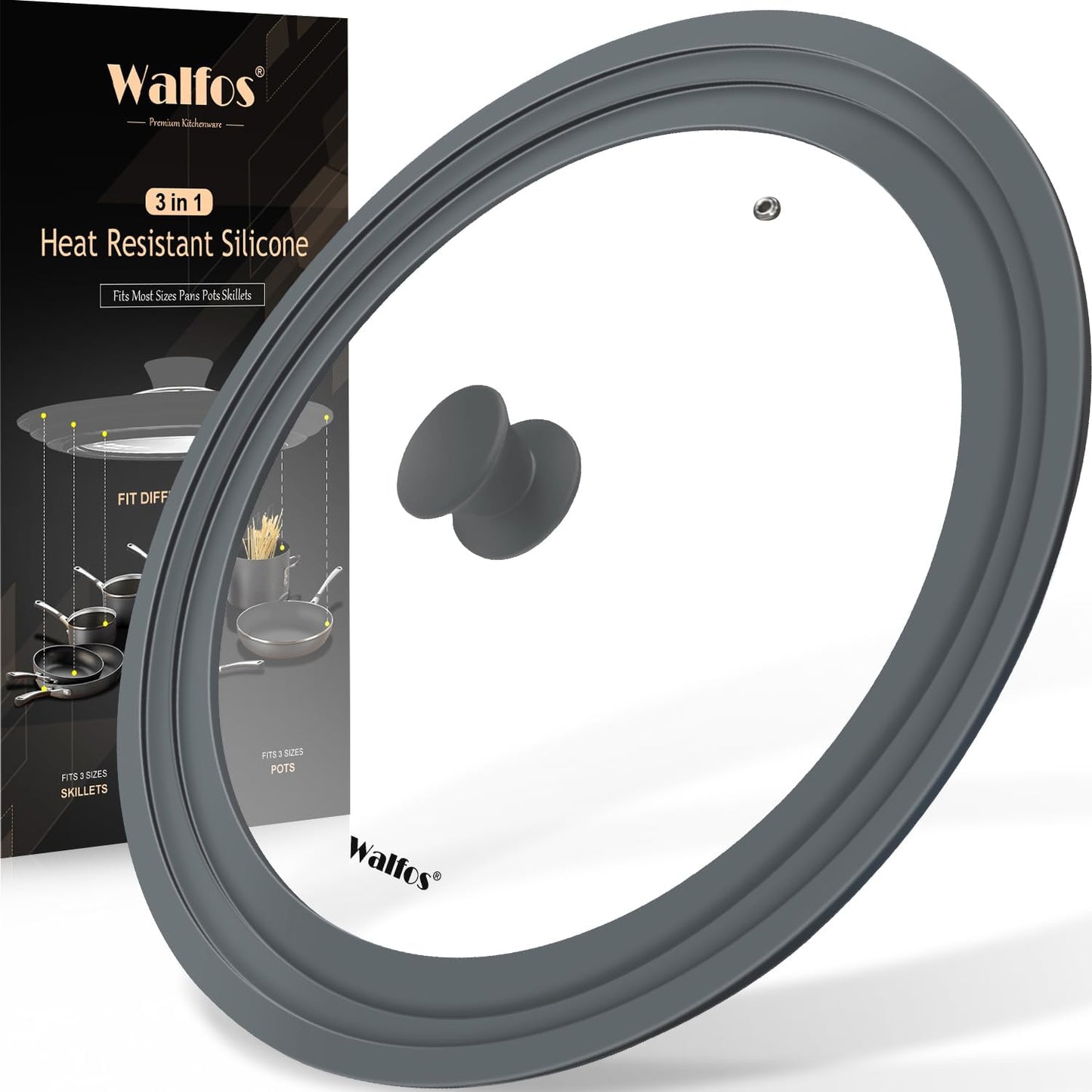 Universal Lid for Pots, Pans and Skillets - Walfos Tempered Glass Pan Lid with Heat Resistant Silicone Rim, BPA Free Large Pot Lids Fits 9.5", 10" and 11" Diameter Cookware, Dishwasher-Safe, Grey