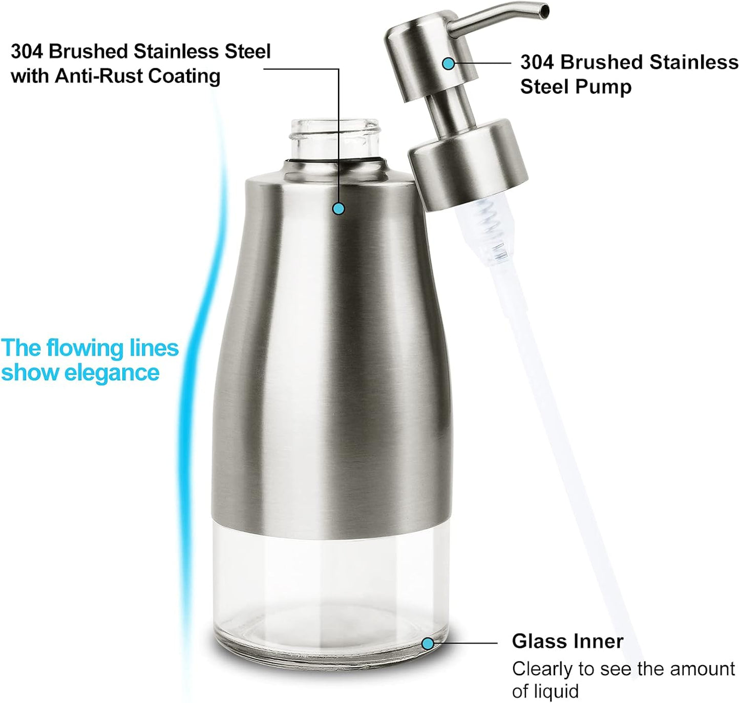 Dish Soap Dispenser with Stickers, Brushed Nickel Stainless Steel and Glass Combined, Refillable Liquid Hand Soap Dispenser for Bathroom & Kitchen (11OZ / 320ML)