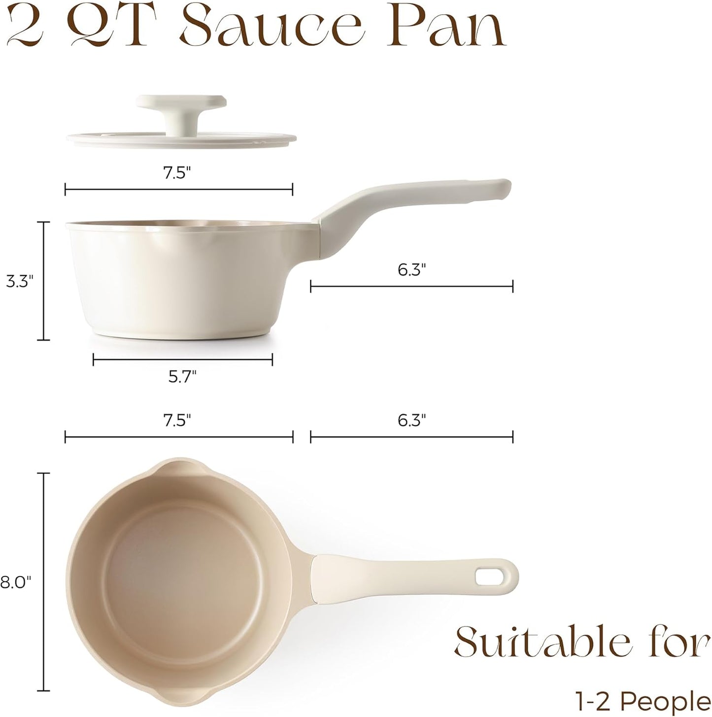 PRICUSIS Ceramic Nonstick Saucepan with Lid, 2 Quart Non Toxic Pot with Pour Spouts, Full Coated, 100% Dishwasher Safe, Induction Compatible & Oven Safe, PTFE PFAS & PFOA Free, Coconut White