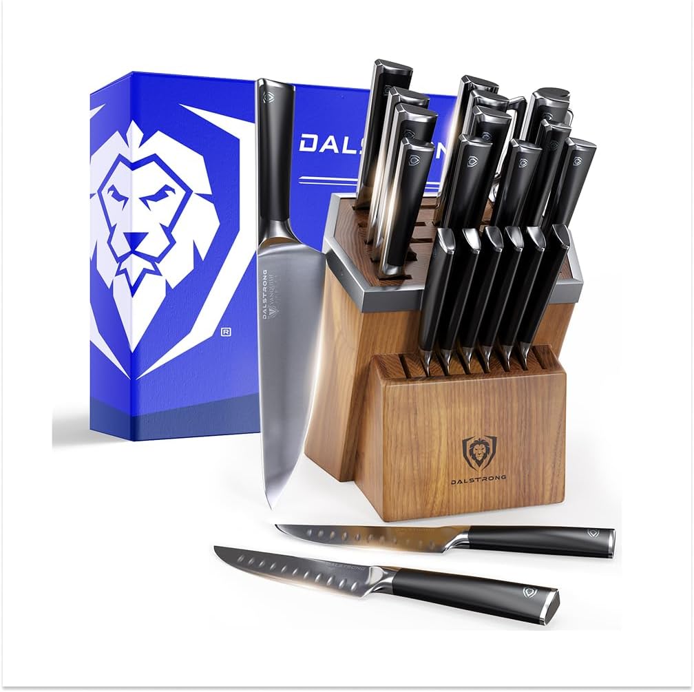 Dalstrong Vanquish Series - 24pc Stainless Steel Knife Set with Block & Kitchen Scissors - Forged High Carbon German Stee l- Knife Set w/POM Black Handle - NSF Certified