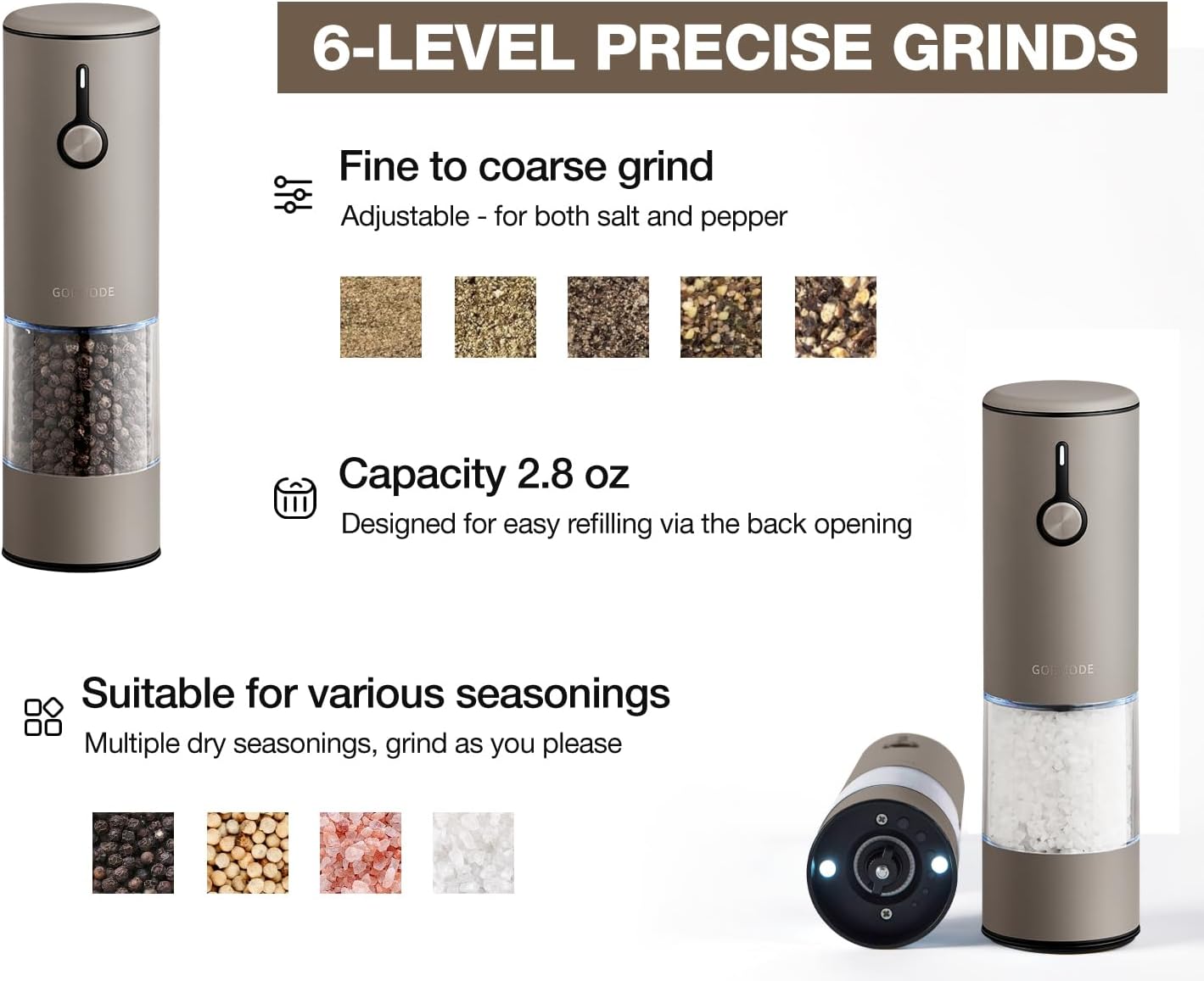 Stainless Steel Rechargeable Electric Salt and Pepper Grinder Set, USB Charging with Dust Cover, 6 Adjustable Grinding Modes + LED Light 2pack，Brown