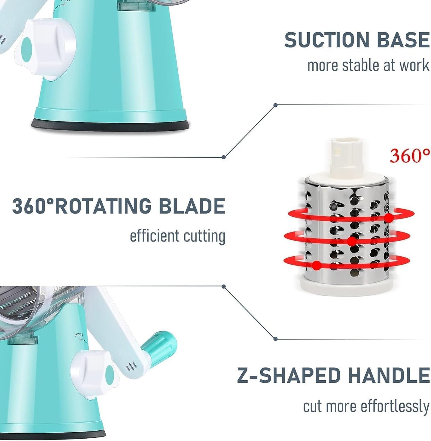 KEOUKE Rotary Cheese Grater with Handle Vegetable Cheese Shredder Slicer Grater for Kitchen 3 Changeable Blades for Cheese Potato Zucchini Nuts Chocolate - Light Blue