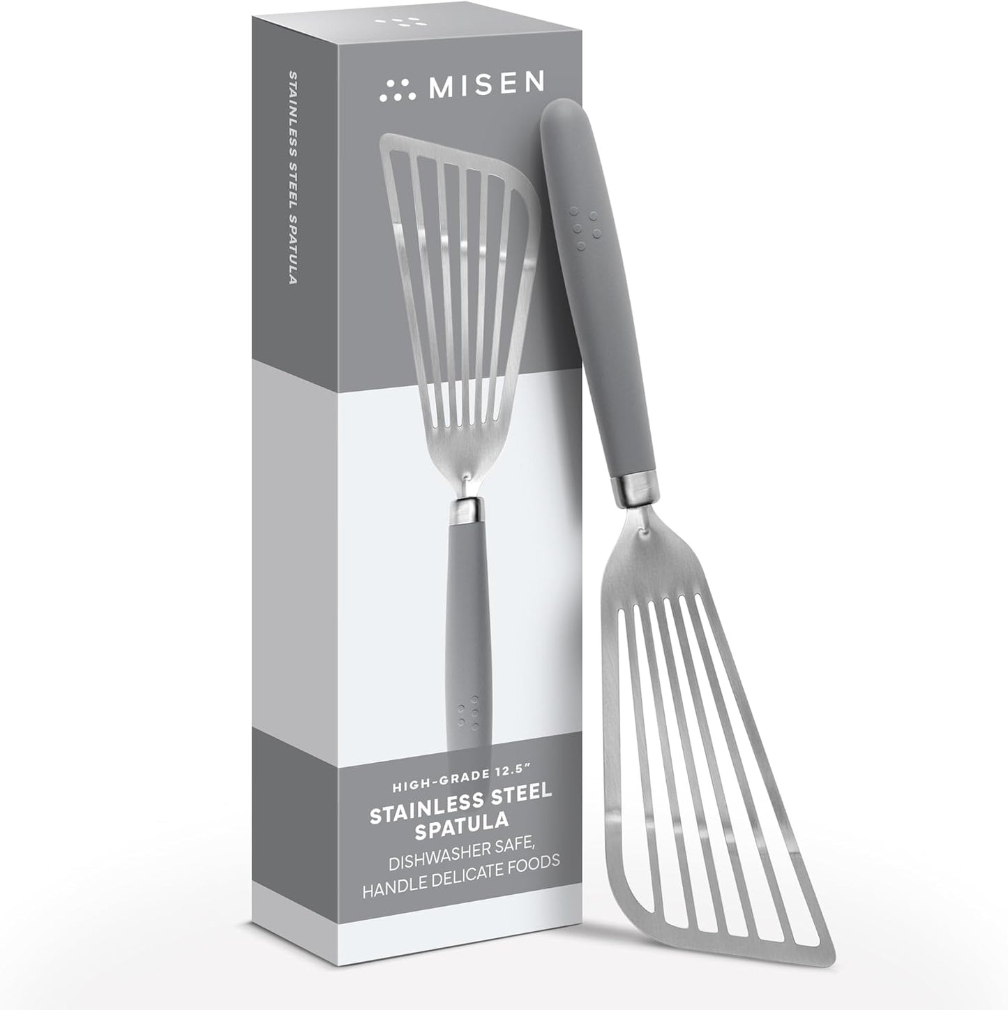 Misen Fish Stainless Steel Spatula - Slotted Turner for Cooking - Perfect for Frying - Heat Resistant - Dishwasher Safe -1mm Thick Flexible Flipper - Soft Silicone Grip Handle for Easy Use