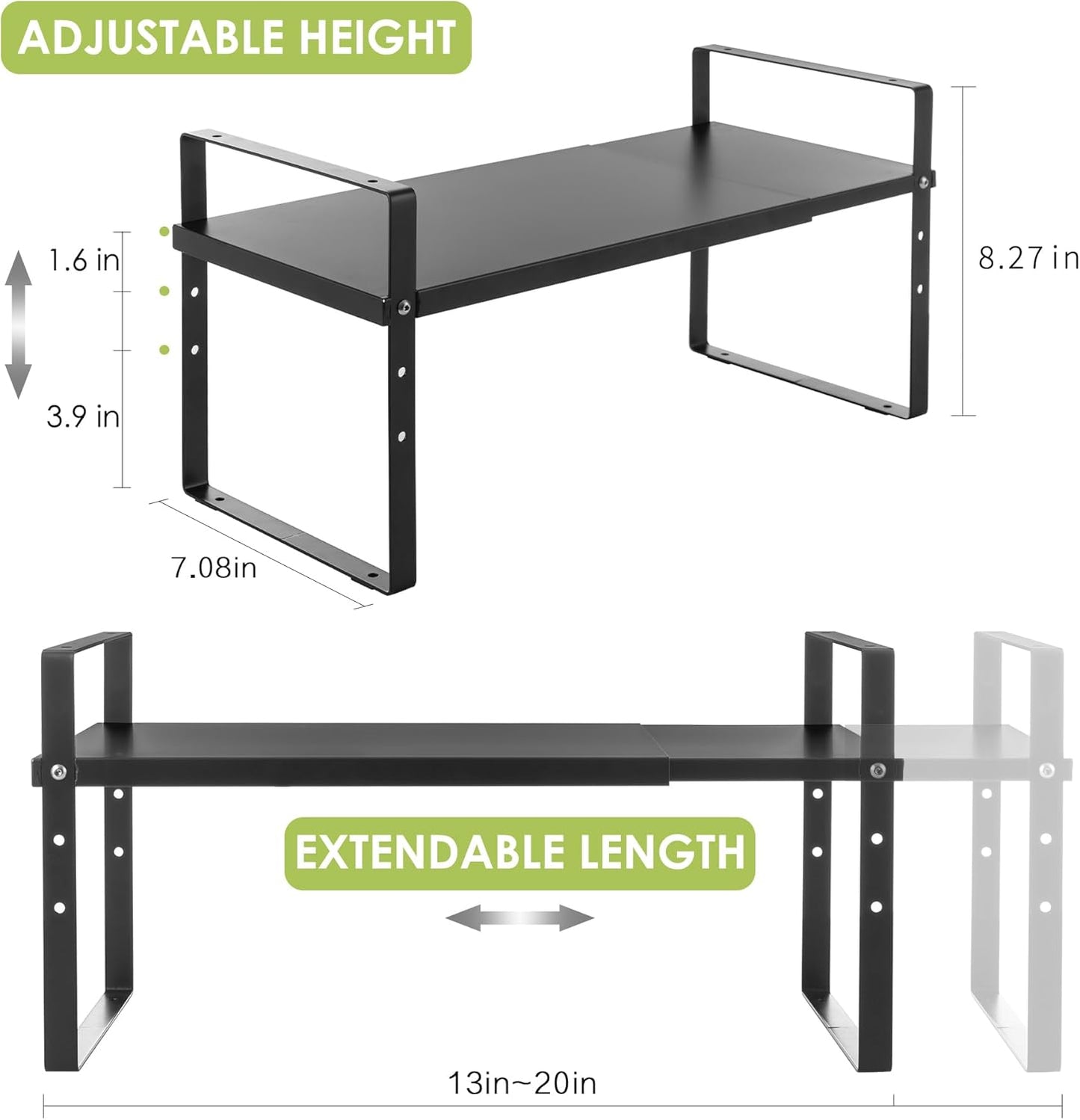 Expandable Cabinet Shelf Organizer Rack, Stackable Kitchen Counter Storage Shelves Stand, Adjustable Height Pantry Shelf Spice Rack (Black, 1 Pack)