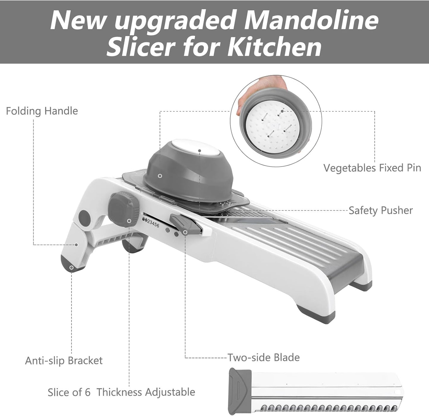 Mandoline Slicer for Kitchen, Adjustable Stainless Steel Mandoline Food Slicer, Onion Potato Cucumber Tomato Carrot Vegetable Fruit Slicer, Mandolin Veggie Cutter with Food Holder, Grey